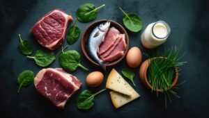 Foods rich in omega-3 and vitamin B12 from natural animal-based products like meat, fish, eggs, and cheese for optimal health and to avoid serotonin deficiency